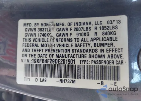 2013 Honda Civic Hybrid z USA, uszkodzony, nr VIN 19XFB4F29DE201901